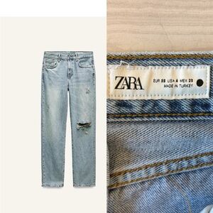 Zara Relaxed Fit Mid Rise Distressed Light Blue Boyfriend Jeans Size 4